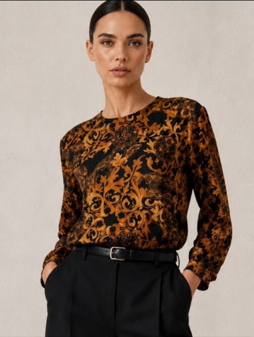 Vintage 100% Silk Black & Gold Baroque Print Blouse